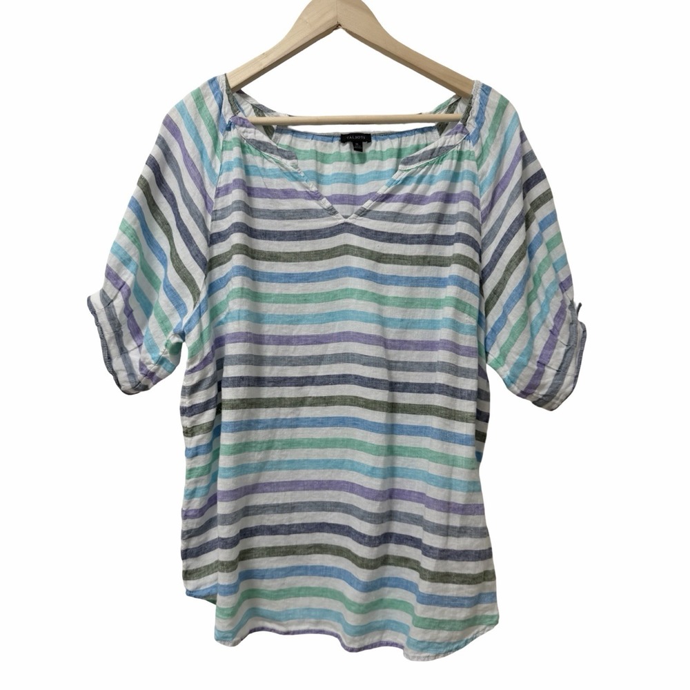 Talbots Womens 100% Linen Stripe Short Sleeve Popover Top Size XL Blue Coastal